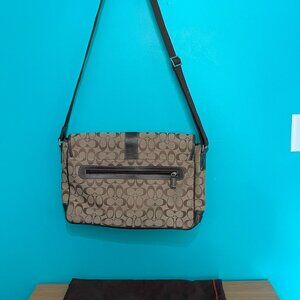 Coach Brown Signature Canvas Laptop Crossbody with Dark Brown Trim